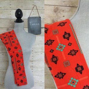 LuLaRoe Tween Leggings - Black Green Brown Print on Red